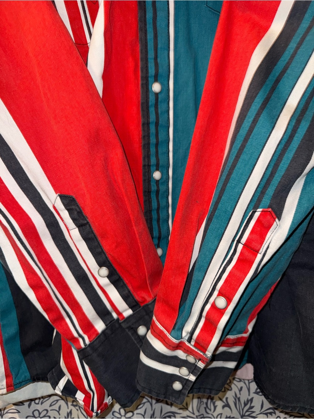 Wrangler Multi-Stripe Button-Down Shirt - Red, Teal, Black - Picture 4 of 5